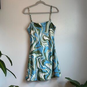 Dress Forum Mini Dress Women's Size M Blue Olive Swirl Print Satin Party Dress